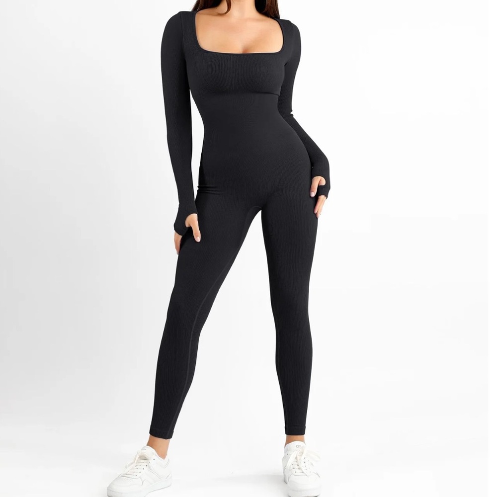 Popilush | Ribbed Long Sleeve Tummy Control Jumpsuit